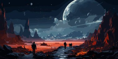 bilim-kurgu terk edilmiş uzay gemisine yabancı gezegende resim illüstrasyon yürüyüş astronotlar kavramı