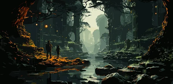 Kadın bir akarsu dalında yürür ve ormandaki taşlara bakar. Dijital sanat tarzı, illüstrasyon resmi.