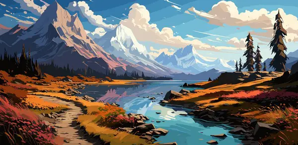 Arka planda güzel dağ manzaralı bir göl yolu anime tarzı vektör düz parlak renklerle