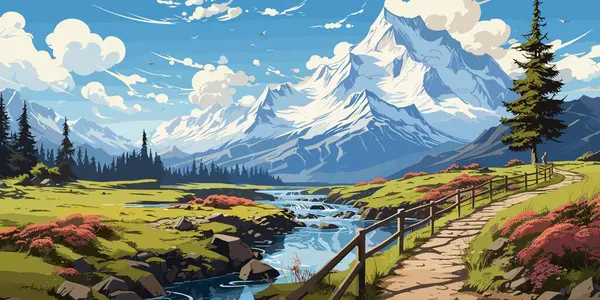 Arka planda güzel dağ manzaralı bir göl yolu anime tarzı vektör düz parlak renklerle