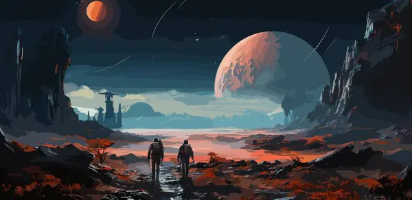 bilim-kurgu terk edilmiş uzay gemisine yabancı gezegende resim illüstrasyon yürüyüş astronotlar kavramı