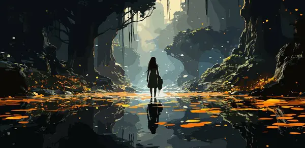 Kadın bir akarsu dalında yürür ve ormandaki taşlara bakar. Dijital sanat tarzı, illüstrasyon resmi.
