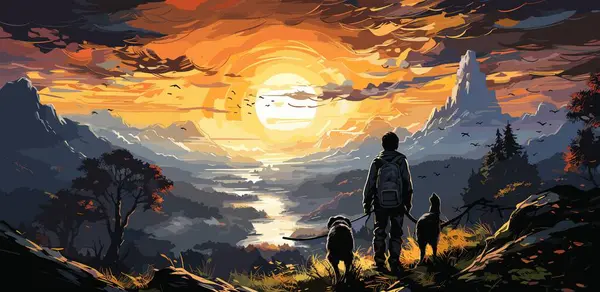 Gezgin ve köpek ayakta duruyor ve vadideki renkli ışığa bakıyor, dijital sanat tarzı, resim çizimi
