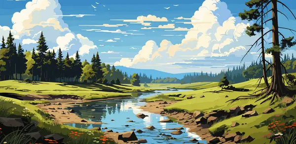 Vector landscape with a river among the forest vector