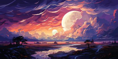 Gece kümülonimbus bulutlarının vektör çizimi yıldızlı gecenin arka planı ve büyük bir dolunay vektörü parlak renkleriyle