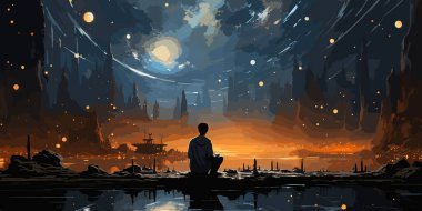 Young man in white looking down at the glowing little planet on the ground, digital art style, illustration painting