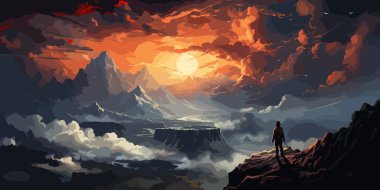 büyük moon, resim illüstrasyon ile güzel bir gökyüzü karşı bir dağın tepesinde duran kadın