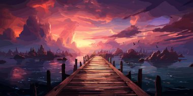 renkli bulutlar gökyüzü, dijital sanat tarzı, resim illüstrasyon bakarak bir ahşap iskele üzerinde tek başına duran kadının güzel sahne