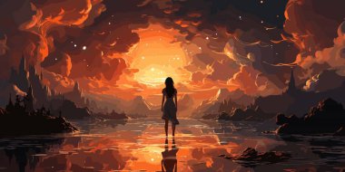 Gerçeküstü Manzara bulutlar, dijital sanat tarzı, resim illüstrasyon gizemli şeyler bakarak kız gösterilen