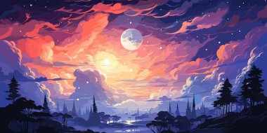 Gece kümülonimbus bulutlarının vektör çizimi yıldızlı gecenin arka planı ve büyük bir dolunay vektörü parlak renkleriyle