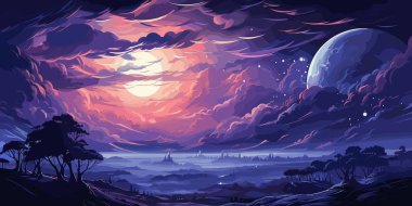 Gece kümülonimbus bulutlarının vektör çizimi yıldızlı gecenin arka planı ve büyük bir dolunay vektörü parlak renkleriyle