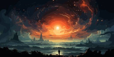 sihirli mızrak adamla dönen deniz gökyüzü, dijital sanat tarzı, resim illüstrasyon yapar