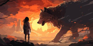 Kadın ve kurt dağın tepesinde dikilip gün batımını, dijital sanat tarzını ve resimlerini izliyorlar.