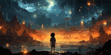 Gündüz ayakta duran genç bir kız gece boyutunda bir yıldızı kapmak için uzanır, dijital sanat tarzı, resimleme tarzı