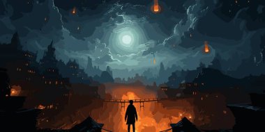 Adam gökyüzünde süzülüyor ve şehri şeytani bir güçle, dijital sanat tarzıyla, resimle yok ediyor.