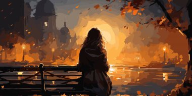 arkadan görünüşü bokeh ışık, dijital sanat tarzı, boyama çizim ile bir bankta oturan genç kadın