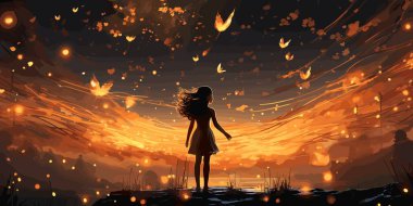 Tepede ateşböcekleriyle dans eden bir balerin. Gece gökyüzüne karşı. Dijital sanat tarzı.