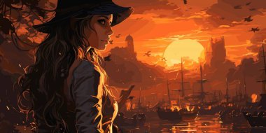 korsan tekne kalıntıları üzerinde duran ve günbatımı, dijital sanat tarzı, resim illüstrasyon, altın hazineler bakarak bir kılıç ile