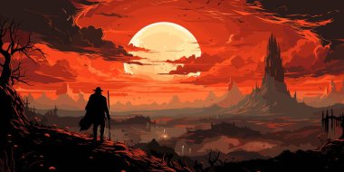 Çayırda duran sihirli mızraklı antik savaşçı, dijital sanat stili, resimli resim.