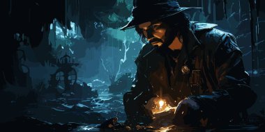 korsan koyu orman, dijital sanat tarzı, resim illüstrasyon mavi bir ışık meşale ile arama