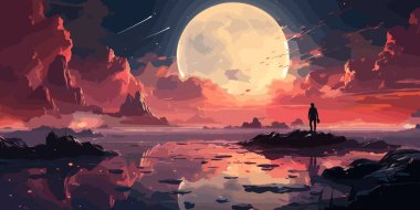 Gezgin gökyüzünde yüzen bir kayanın üzerinde yürüyor, dijital sanat tarzı, resimli resim