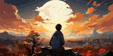 güzel gökyüzü, dijital sanat tarzı, resim illüstrasyon karşı bir bankta oturan genç kadın