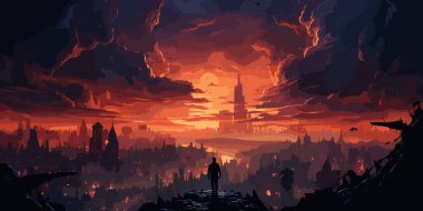 Adam gökyüzünde süzülüyor ve şehri şeytani bir güçle, dijital sanat tarzıyla, resimle yok ediyor.