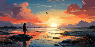 Denizde duran kadın yaz gökyüzüne bakıyor, vektör çizimi.