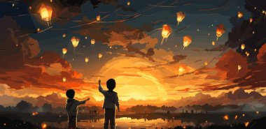 Çocuk kağıt uçaklar oynuyor ve gün batımında uçan uçaklara bakıyor. Dijital sanat tarzı, resimli resim.