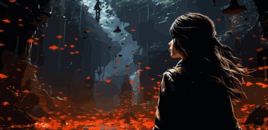 Elinde kılıcıyla ormandaki gizemli taşlara bakan bir kadın. Dijital sanat tarzı, resimli bir resim.