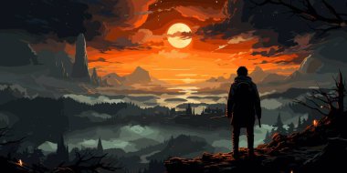 Impala köyüne bakan bir adam. Ormandaki efsanevi hayvan. Dijital sanat tarzı.