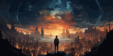 Yıkılmış şehrin ötesindeki devasa binalara bakan bir adam. , dijital sanat tarzı, resimli resim