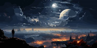 adam başka bir gezegen, resim illüstrasyon seyir dağın zirvesinde