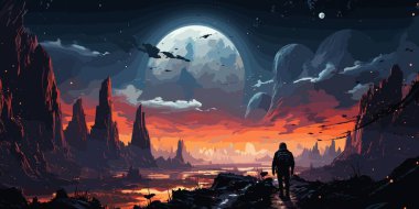 astronot turkuaz gezegen mavi parlayan ile mineraller, dijital sanat tarzı, resim illüstrasyon