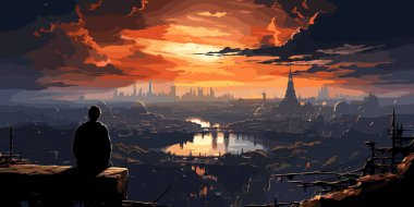 fütüristik city adlı resim illüstrasyon seyir binanın kenarında oturan adam ile havadan görünümü