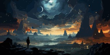 gezegenler parlayan ve yıldız holding gece gökyüzü, dijital sanat tarzı, resim illüstrasyon arasında duran genç çocuk gösterilen güzel sahne