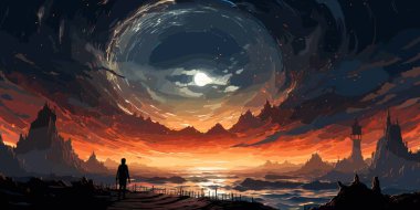 sihirli mızrak adamla dönen deniz gökyüzü, dijital sanat tarzı, resim illüstrasyon yapar