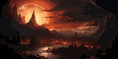 Kale Koyu kızıl gökyüzü, dijital sanat tarzı, resim illüstrasyon güneş tutulması ile bir Thorn toplayan