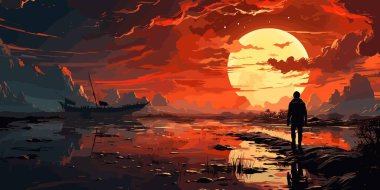 Gemi enkazı ile bir nehirde duran bir adam gökyüzünün arka planına ters dönmüş, dijital sanat tarzı, resimli