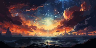 Önünde yükselen gökkuşağı ışığına, dijital sanat tarzına, resimli resme bakan adam.