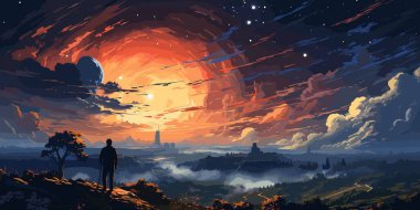 Bir tepede duran adam alacakaranlıkta gökyüzündeki yıldızlara bakıyor, dijital sanat tarzı, resim çizimi...