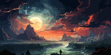 Dış uzay yolculuğu kavramı, bir adamın güzel gökyüzünde uçan dev balinaya, dijital sanat tarzında, resimli resme baktığını gösteriyor.