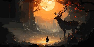 gizemli bir vadide dev geyik bakan sihirli bir fener ile adam, dijital sanat tarzı, illüstrasyon boyama