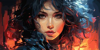 Anime siber kızların portresi. Kocaman bir kılıçları var. Eski tarz filmdeki illüstrasyon. vekto