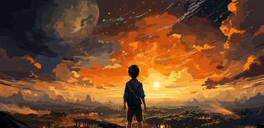 Çocuk kağıt uçaklar oynuyor ve gün batımında uçan uçaklara bakıyor. Dijital sanat tarzı, resimli resim.