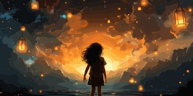 Gündüz ayakta duran genç bir kız gece boyutunda bir yıldızı kapmak için uzanır, dijital sanat tarzı, resimleme tarzı