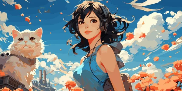 anime, japon, lise, kız, dans, kedi, liman, arka plan, mavi gökyüzü, bulutlar, japan vektörü düz parlak renkler