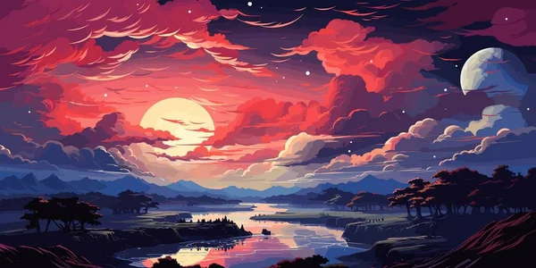 Vektör akşam gökyüzü bulutları. Anime temiz stili