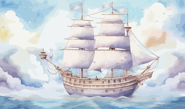 Акварель иллюстрация летающий корабль в облаках небо, детская милая комната мультфильм, декор, фото обои, печать, плакат, настенная живопись