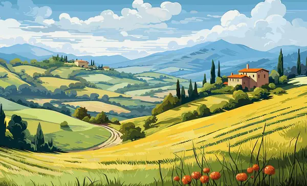 Τοπίο Στην Τοσκάνη Εικονογράφηση Ιταλικά Τοπία Πανοραμική Ύπαιθρο Αγροκτήματα Διανυσματική Διάνυσμα Αρχείου